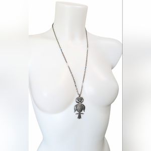 Retro 1970s Owl Pendant & Chain Blue Rhinestones Eyes Silver Tone 25" Chain